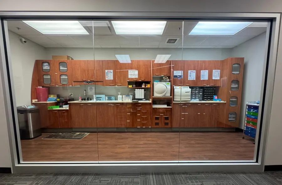 The sterilization center behind glass